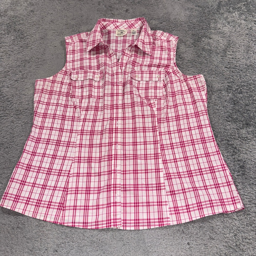 Riders By Lee Womens Easy Care Sleeveless Button Down Shirt XL Pink Plaid Cotton